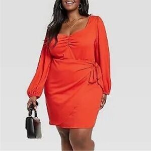 Ava& Viv-2X-red-balloon long sleeve, sweetheart neckline, tie wrap, style dress.